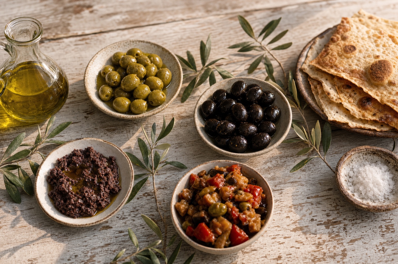 Anrettet antipasti-bord med små skåle med oliven, pesto og caponata omkring en tallerken med crostini