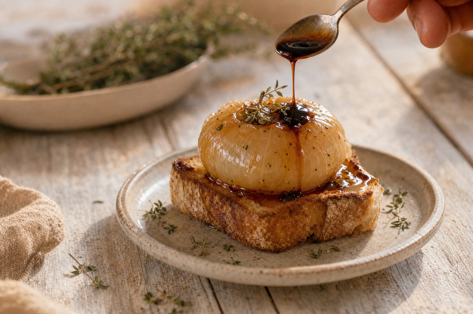 Et helt bagt Giarratana-løg på en skive ristet brød med en mørk stribe balsamico hen over