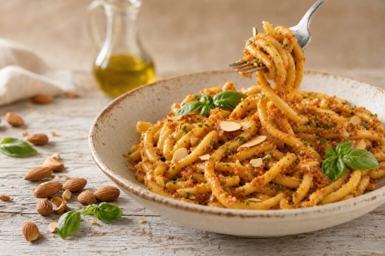 Skål med kogt busiata vendt i mandel- og tomatpesto, en gaffel løfter en snoning op