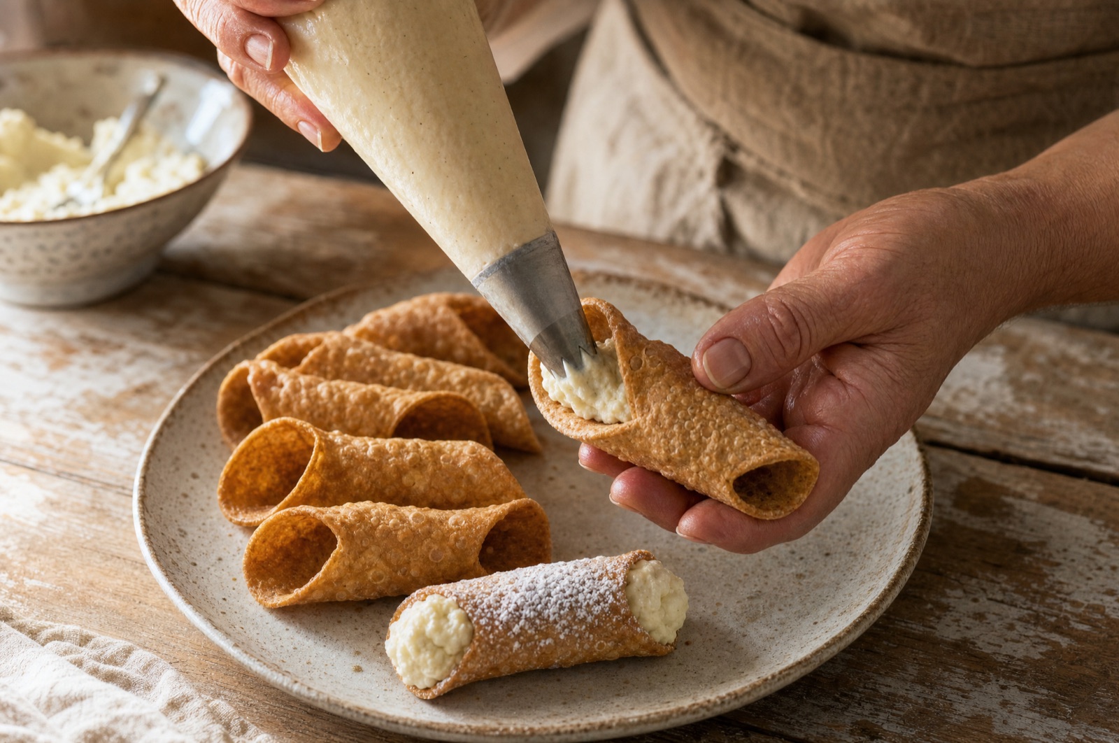 En hånd sprøjter ricottacreme ind i en glutenfri cannoli-skal med sprøjtepose, mens fire tomme skaller ligger ved siden af