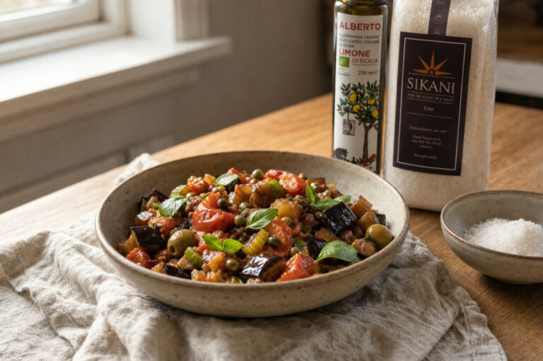 Siciliansk caponata i en stentoejsskaal med basilikum, ved siden af SIKANI havsalt og olivenolie