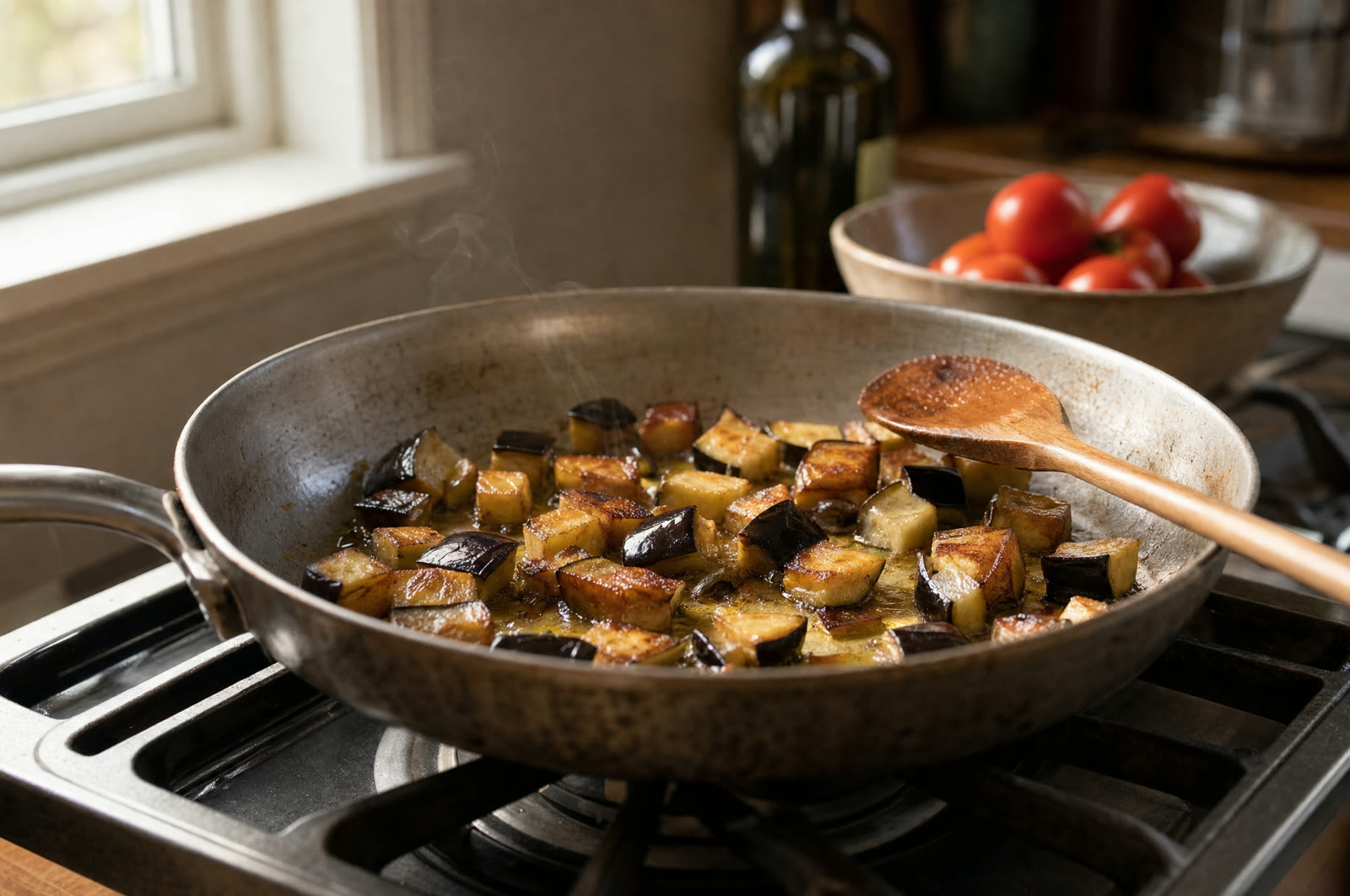 Auberginetern der bruner i ét lag i en stålpande med olivenolie