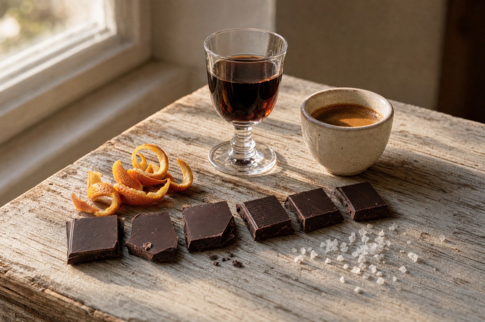Tre brudte chokoladebarer på et træbræt ved siden af en espressokop og et lille glas hedvin
