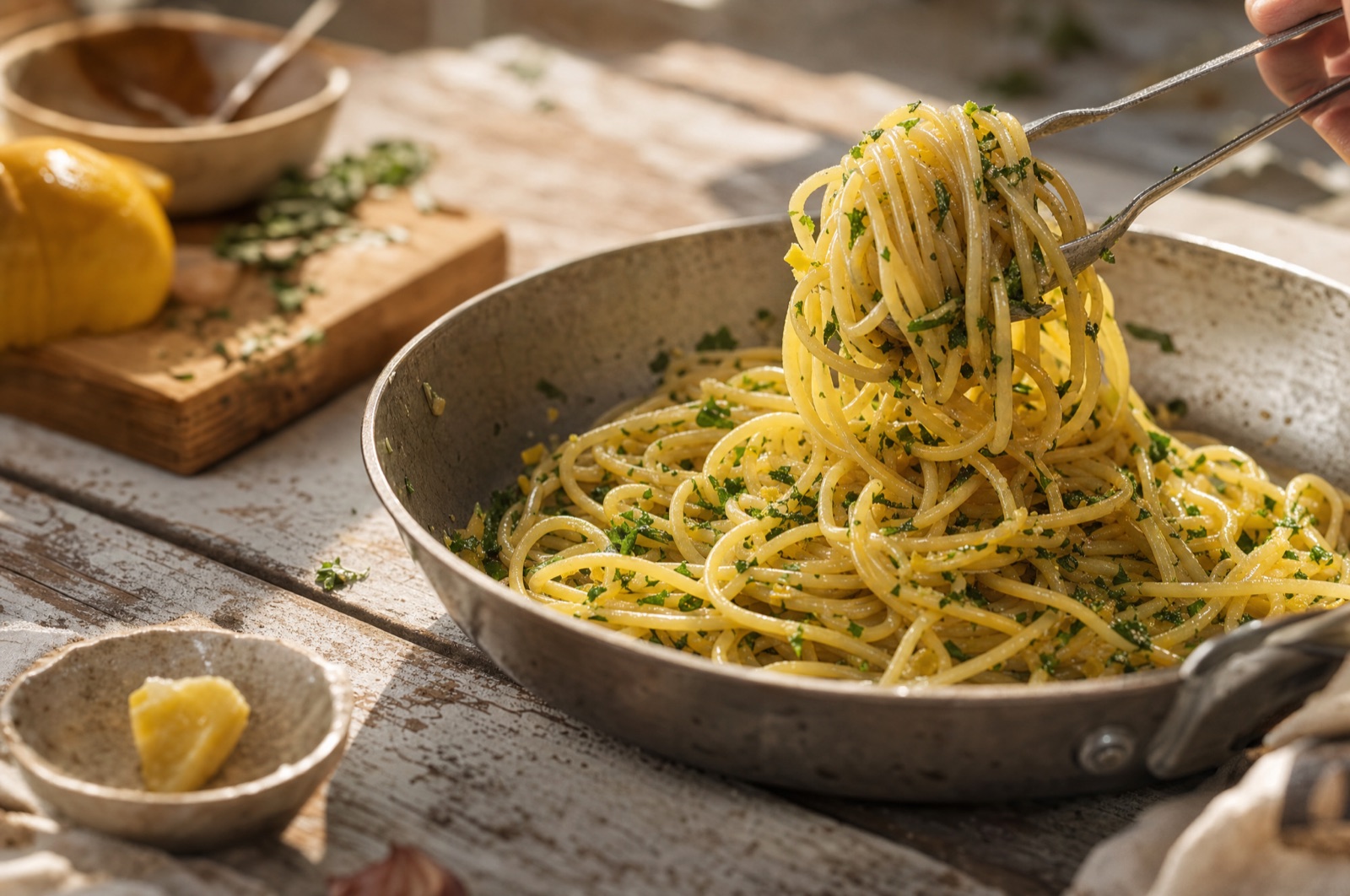 Spaghetti vendt med olivenolie, persille og finthakket saltet citronskræl i en pande uden for varmen