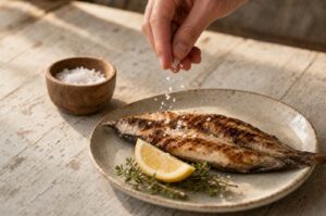 Fingre drysser saltflager fra en trækrukke ned over et stykke grillet fisk på en keramisk tallerken