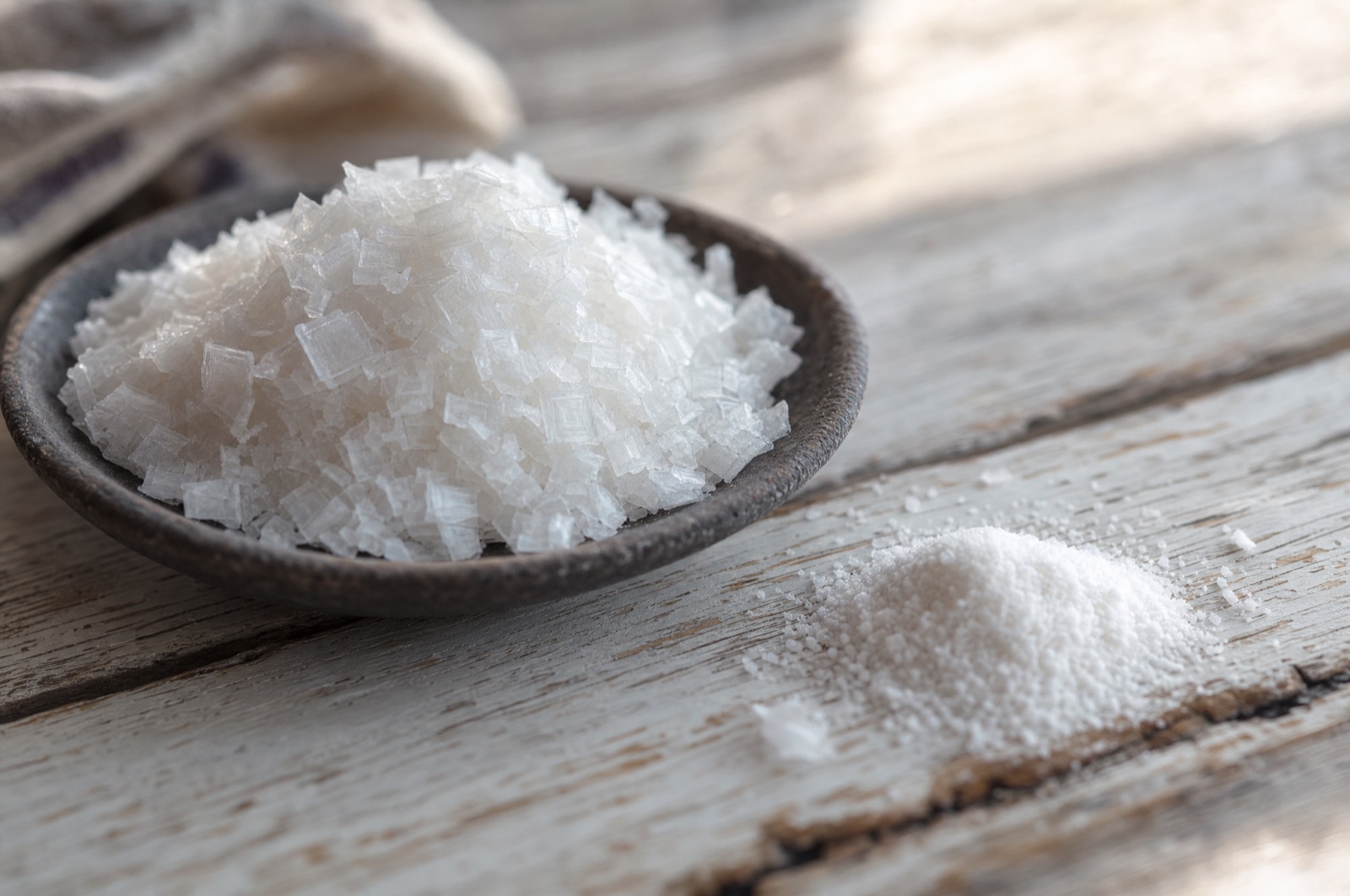 Tre skåle side om side med tynde pyramideformede saltflager, pudderfint salt og grove kantede havsaltkrystaller