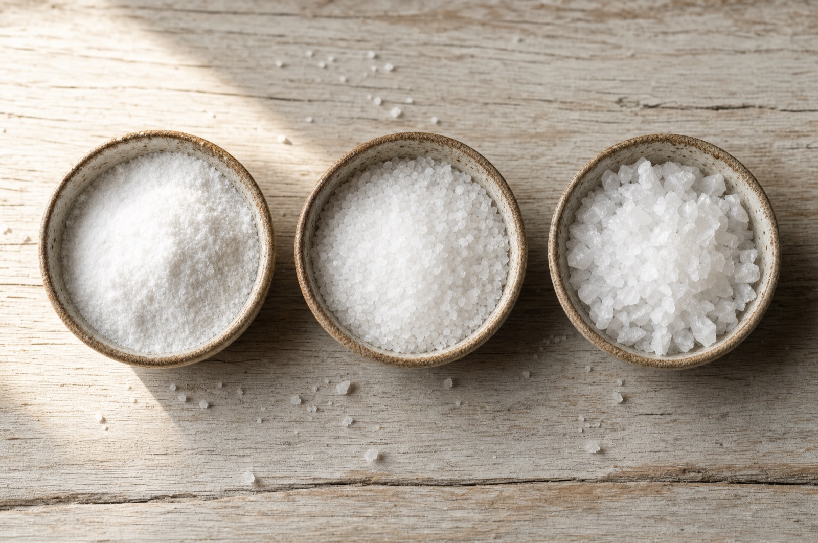 Tre skåle med uraffineret havsalt i tre kornstørrelser, fra pudderfint til grove krystaller