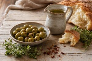 Skål med blanke grønne oliven ved siden af brød, en kande olivenolie, frisk oregano og chiliflager