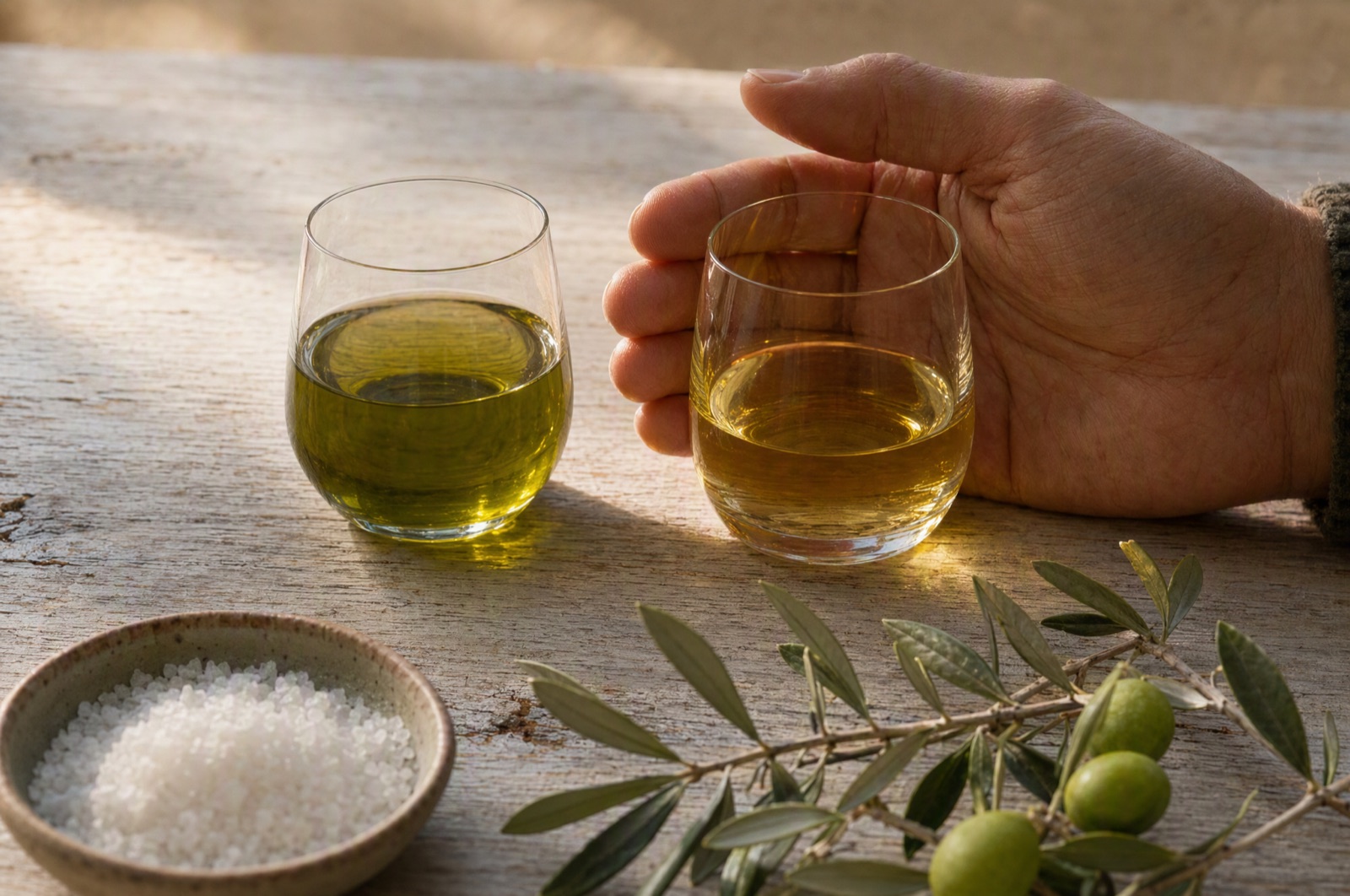 To små glas med olivenolie side om side på et køkkenbord, det ene med grønlig olie, det andet med gylden