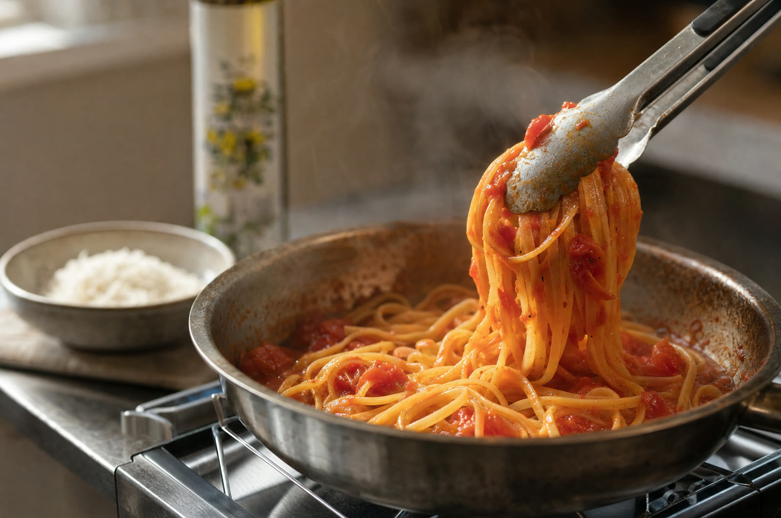Pasta vendes i tomatsauce i en stålpande, hvor saucen lægger sig som et lag om strengene