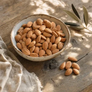 Økologiske soltørrede sicilianske mandler i keramikskål