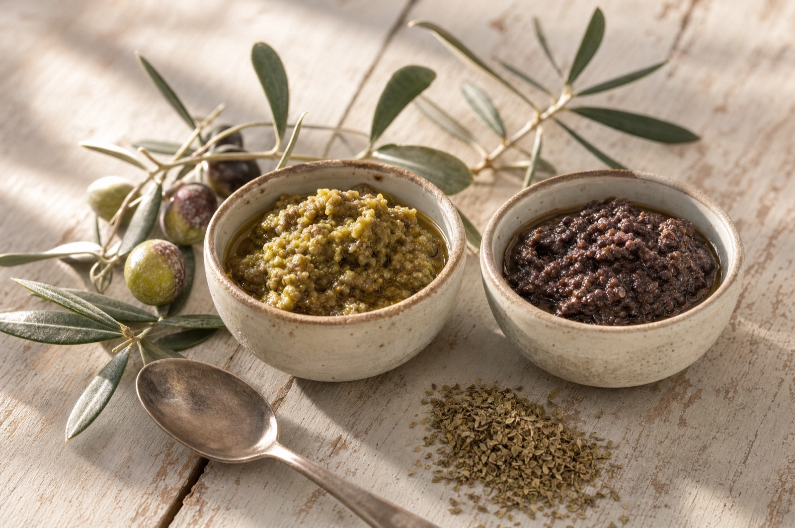To skeer med oliventapenade på en marmorplade, den ene olivengrøn og grovkornet, den anden næsten sort og blank af olie