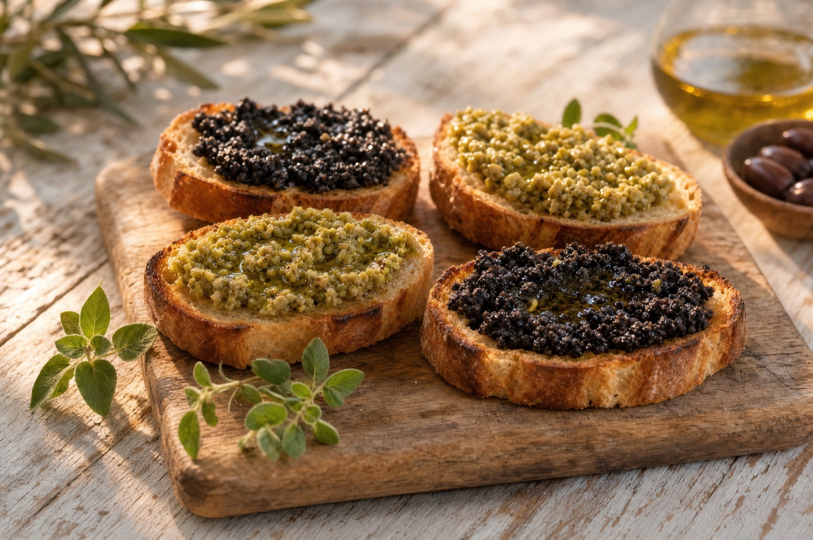 Fire ristede crostini på en trætallerken, to med grøn oliventapenade og to med sort, uden anden pynt