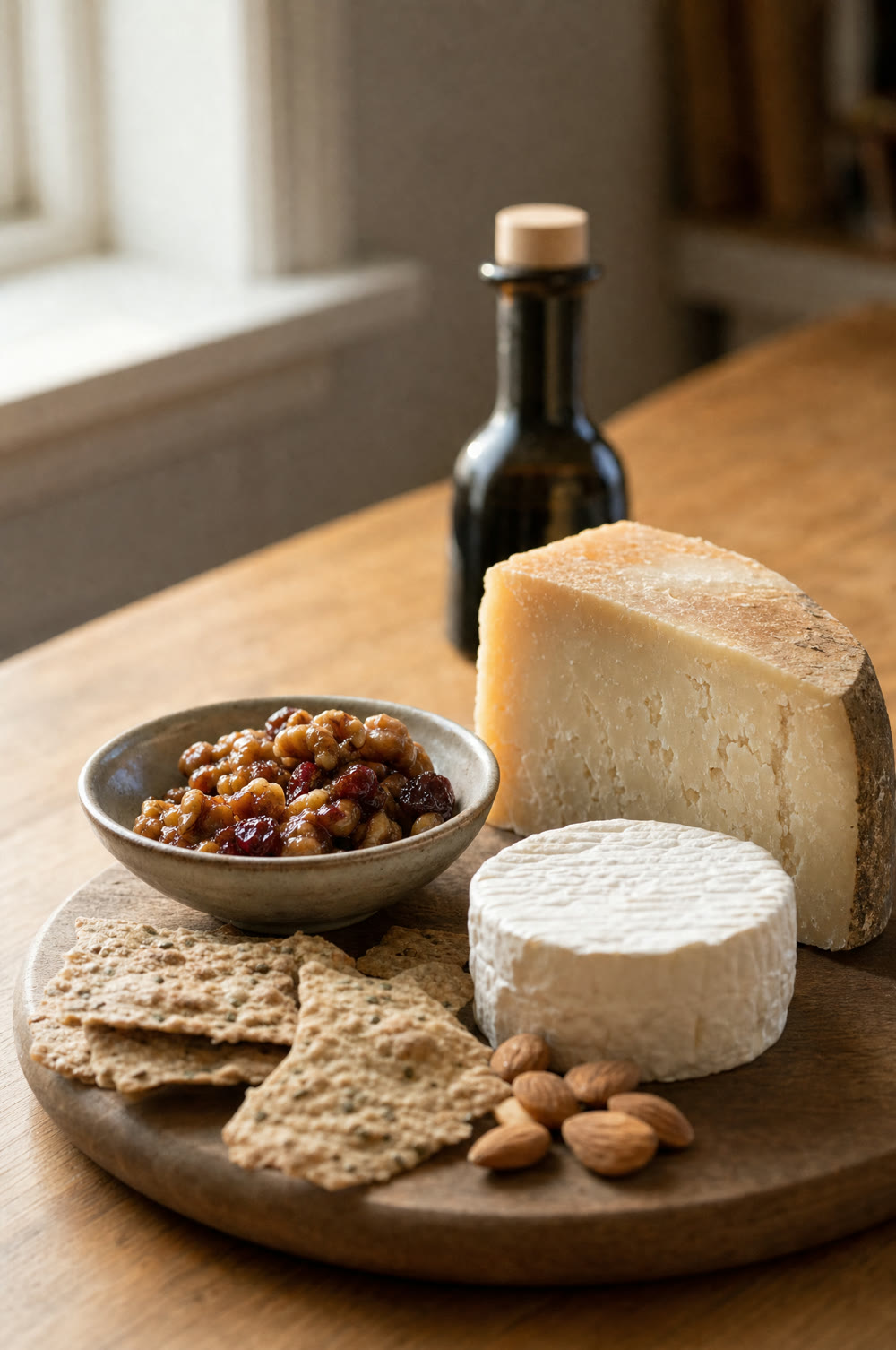 Ostebord med lagret ost, glaserede valnødder, tranebær, crostini og hele mandler