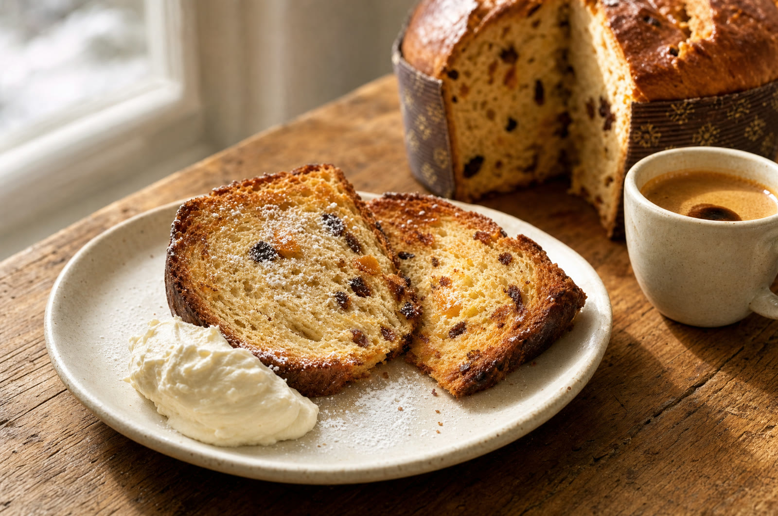 To skiver ristet panettone med mascarponecreme og en espresso