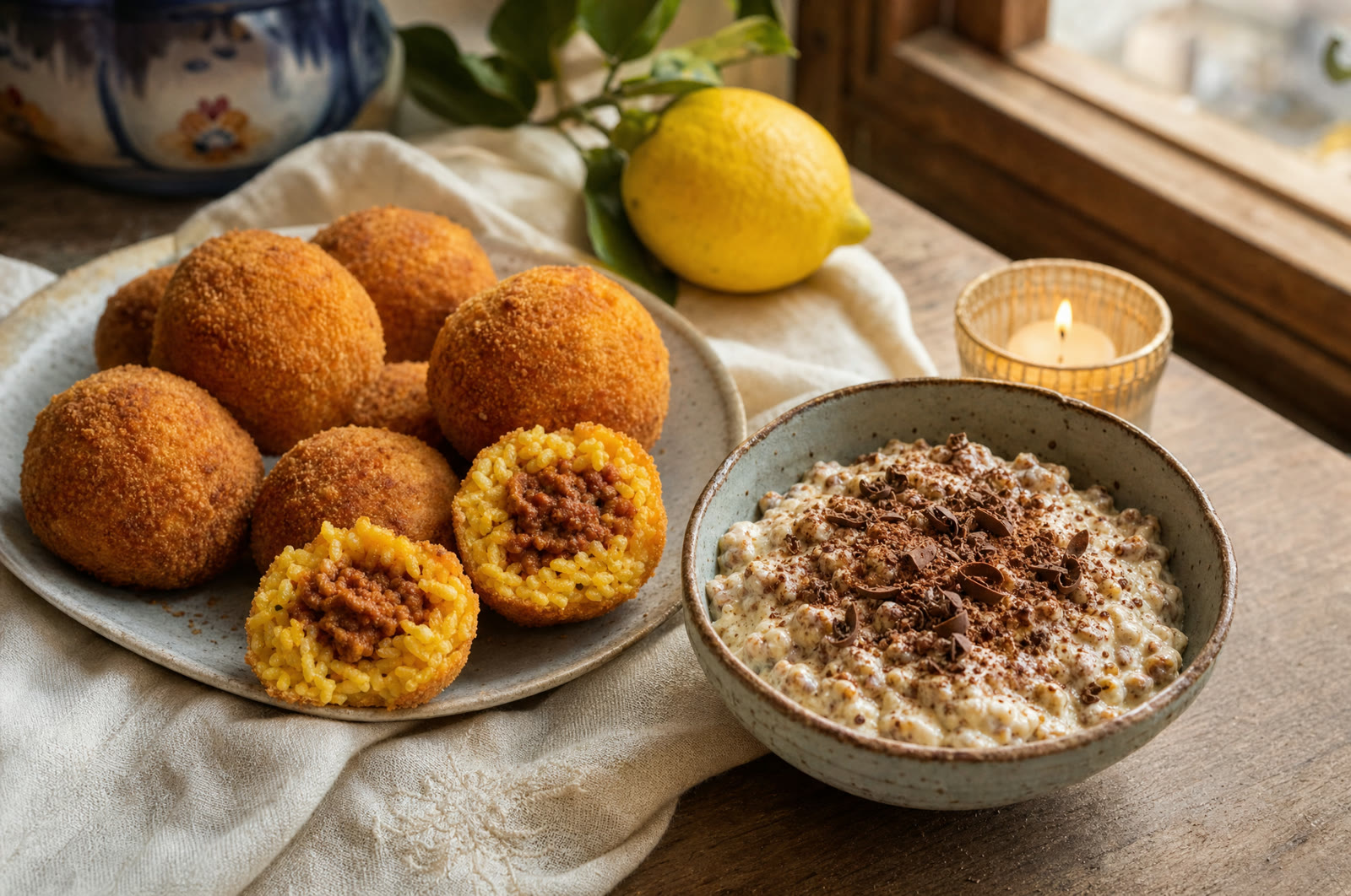 En tallerken arancine, hvor den ene er brudt op, ved siden af en skål cuccìa med ricotta og kanel