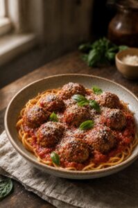 Polpette alla siciliana på spaghetti med tomatsauce, revet parmesan og frisk basilikum
