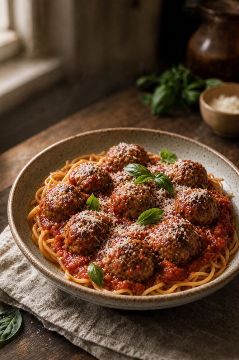 Polpette alla siciliana på spaghetti med tomatsauce, revet parmesan og frisk basilikum